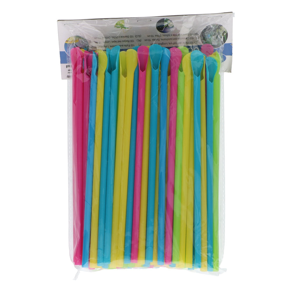 100 cannucce colorate, cannucce di plastica, cucchiaini, 0,5 x 19 cm, per feste, cocktail e gelati