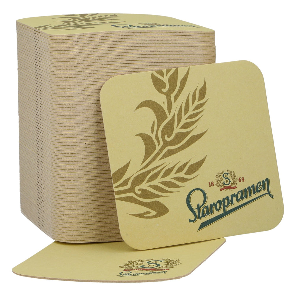 100 sottobicchieri Staropramen 1869 con logo verde e motivo "Weizen", colore beige