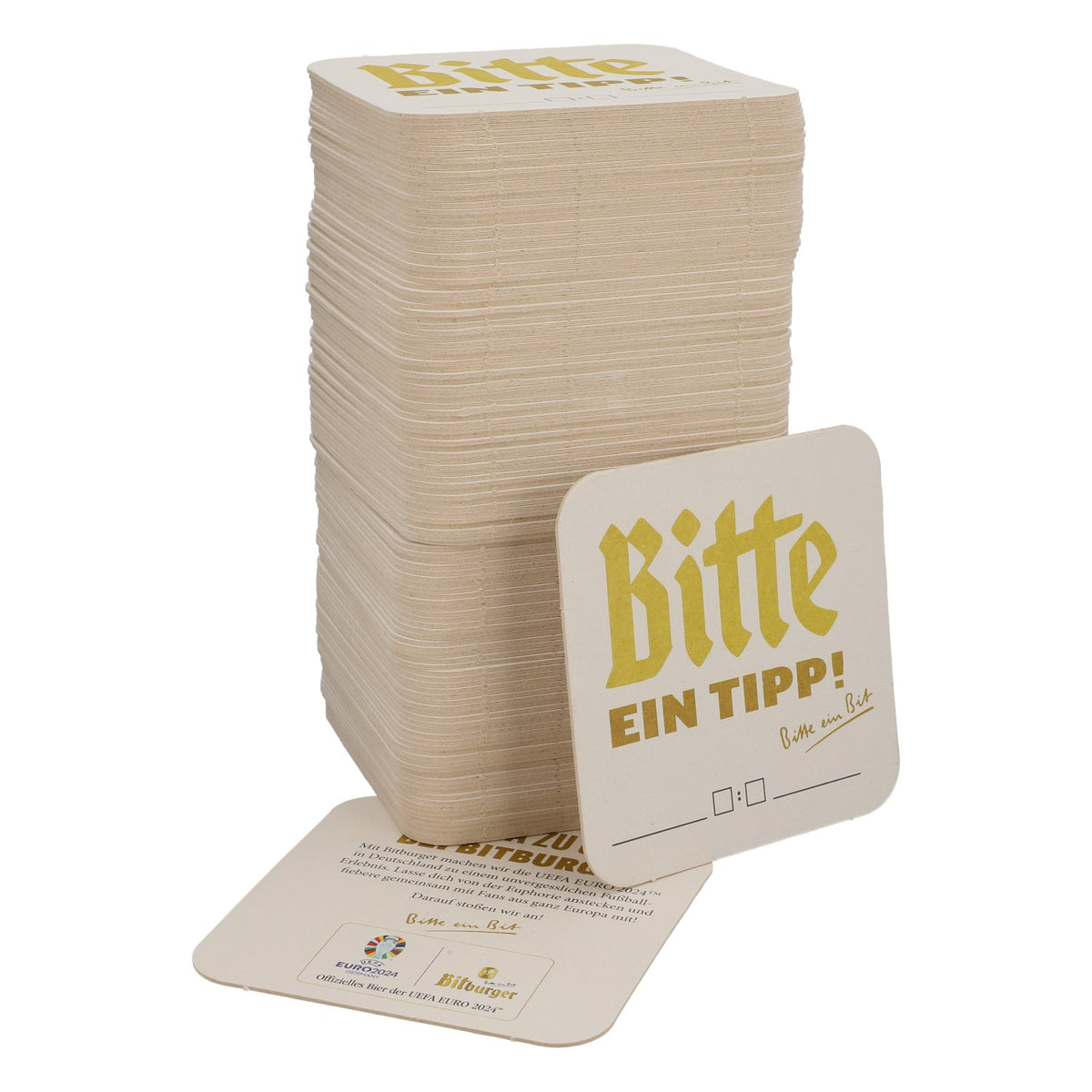 125 sottobicchieri Bitburger Bier 9x9 cm "Bitte ein Tipp" (Un consiglio, per favore) Retro "Euro 2024"