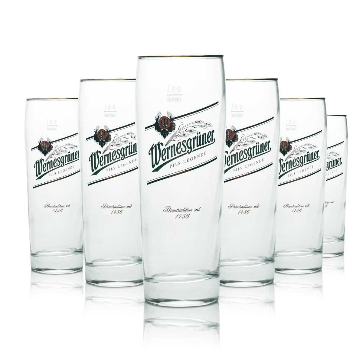 12 bicchieri da birra Wernesgrüner 0,5 l, forma a coppa, bordo dorato, rovere