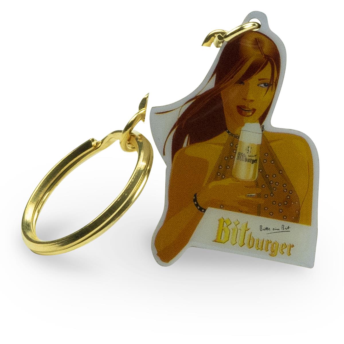 1 portachiavi Bitburger in oro con logo femminile