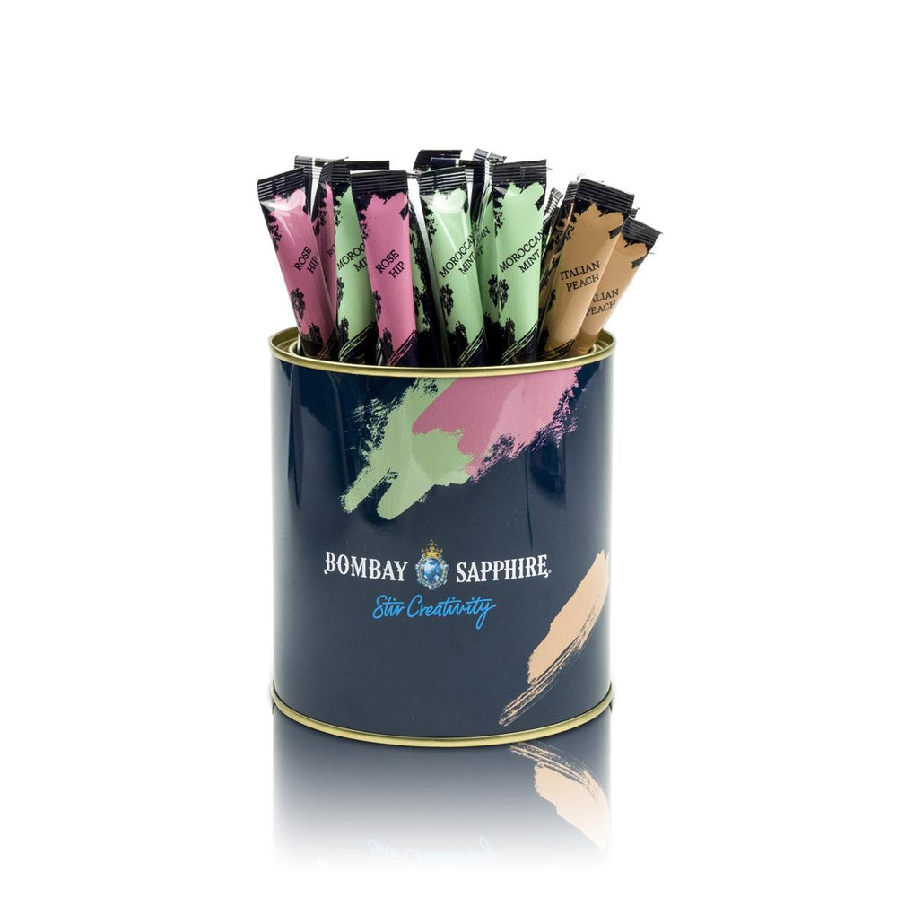 1 confezione di Bombay Gin Infusion + espositore + 105 agitatori per infusione