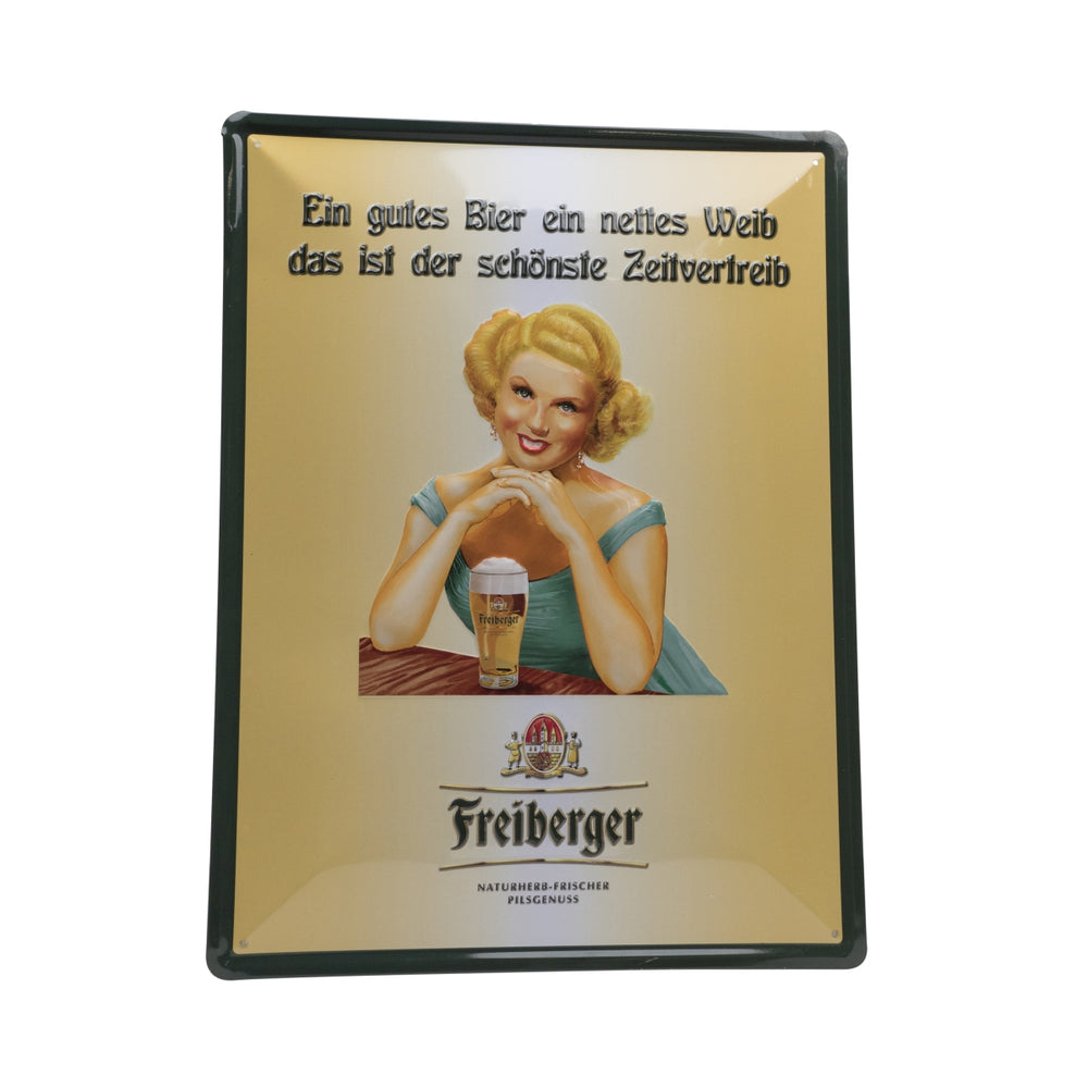 1x Birra Freiberger, targhetta in metallo con donna "Una buona birra, una bella donna"