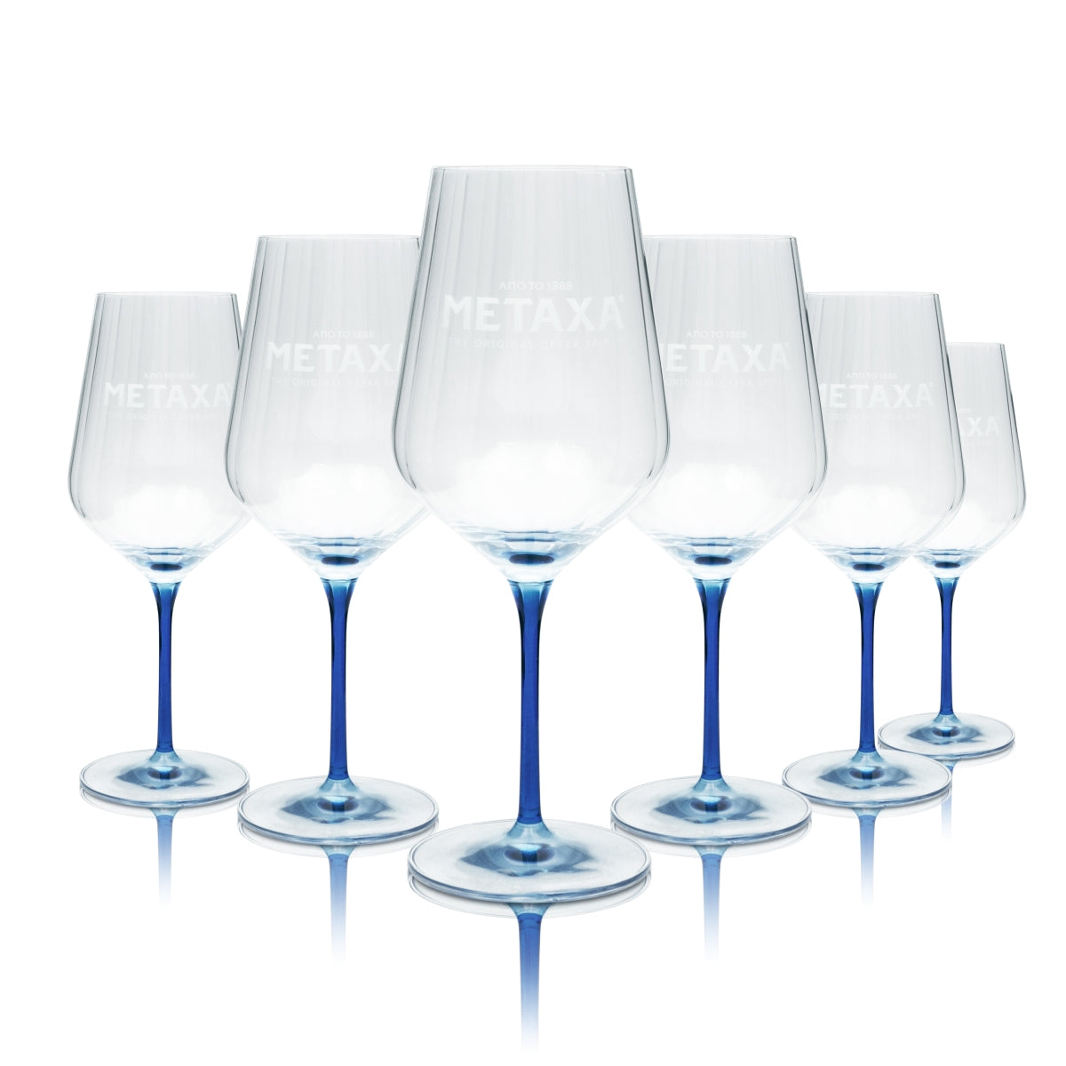 Set di 6 bicchieri da brandy Metaxa 0,57 l – Bicchiere da vino in rilievo con fondo e stelo blu – Vista 2