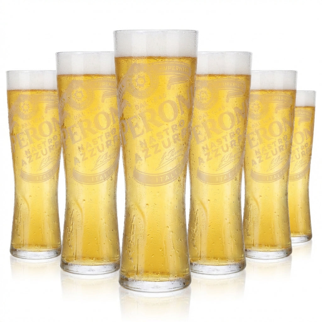 Set da 6 bicchieri Peroni Nastro Azzurro da 0,3 l – bicchiere a calice con motivo in rilievo caratteristico, graduato