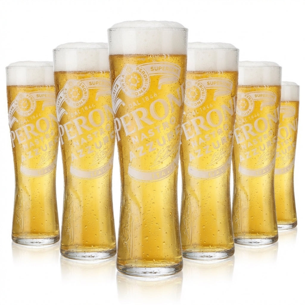 Set da 6 bicchieri Peroni Nastro Azzurro da 0,5 l – Bicchiere a calice con rilievo Signature graduato