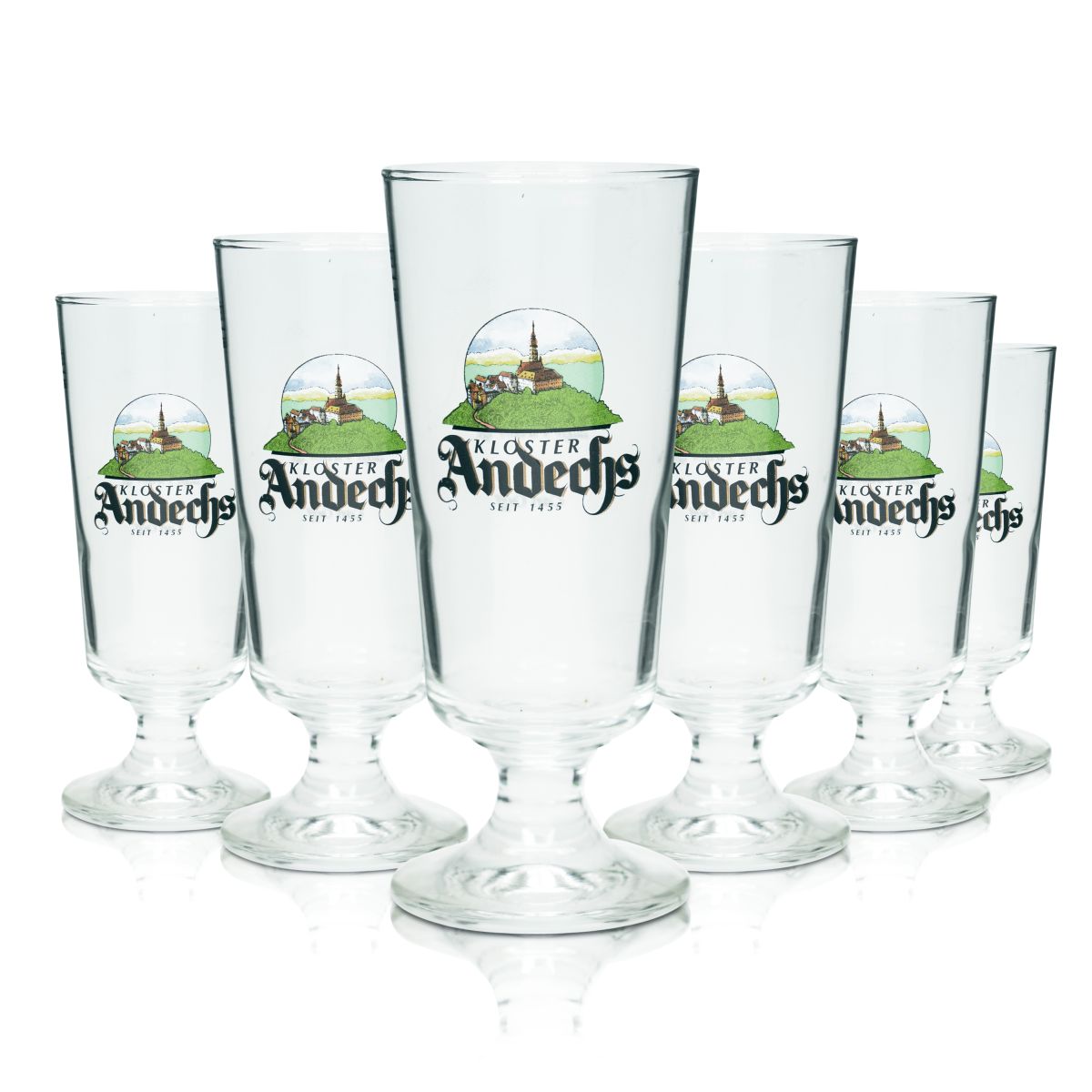 6 bicchieri da birra Andechs 0,3 l a forma di coppa tulipano con stantuffo per birra, birrificio, gastronomia, quercia