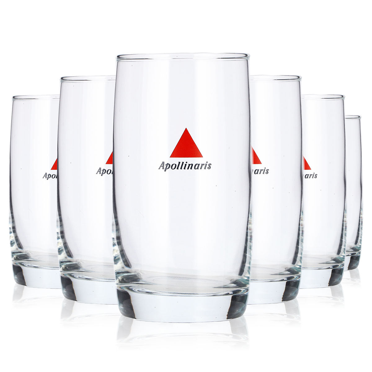6 bottiglie d'acqua Apollinaris in vetro da 0,22 l, bicchiere tumbler con triangolo rosso, bicchiere lowball