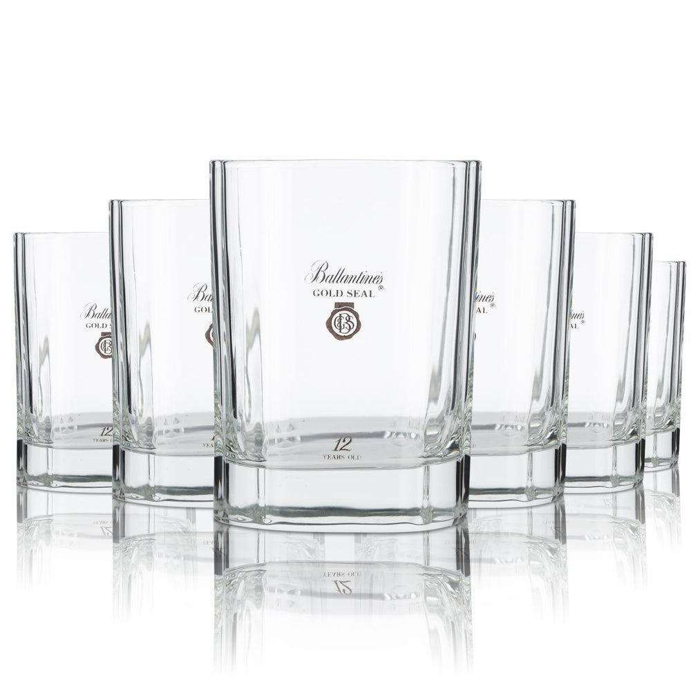 6 bicchieri tumbler Ballantines 0,27 l per whisky, set con taglio a rilievo e sigillo dorato