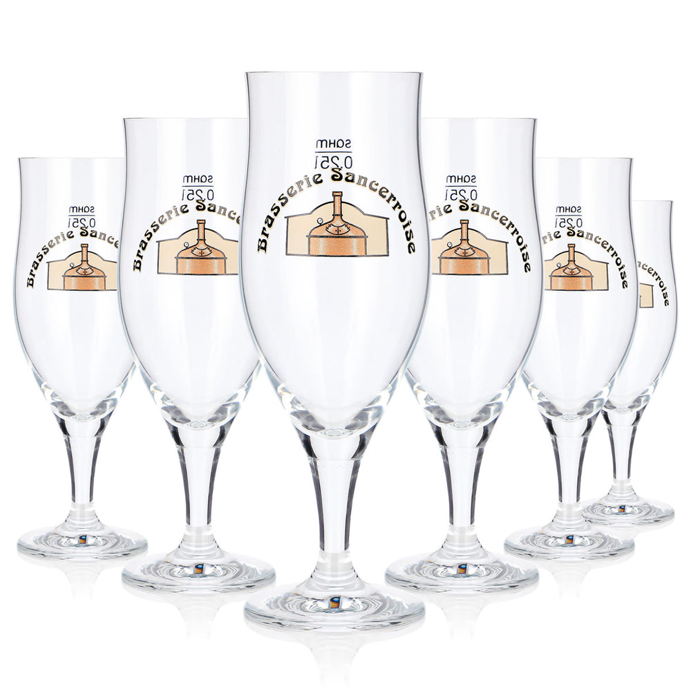 6 bicchieri da birra Brasserie Sancerroise da 0,25 l, forma a tulipano, colore marrone, con logo Sahm (set da 6)