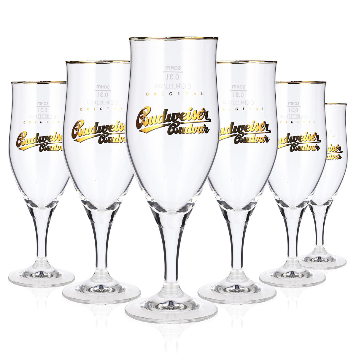 6 bicchieri da birra Budweiser da 0,3 l, a forma di coppa, con bordo dorato, modello "Sahm Tulpe"