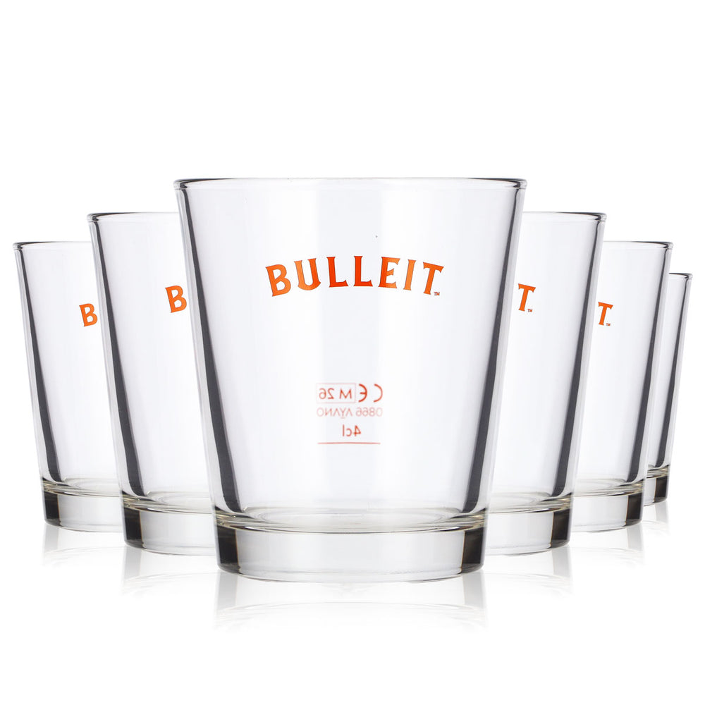 6 bicchieri da whisky Bulleit Frontier da 4 cl, tumbler con logo arancione