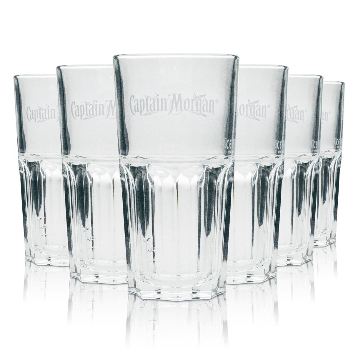 6 bicchieri da long drink Captain Morgan Rum con scritta bianca/logo spada