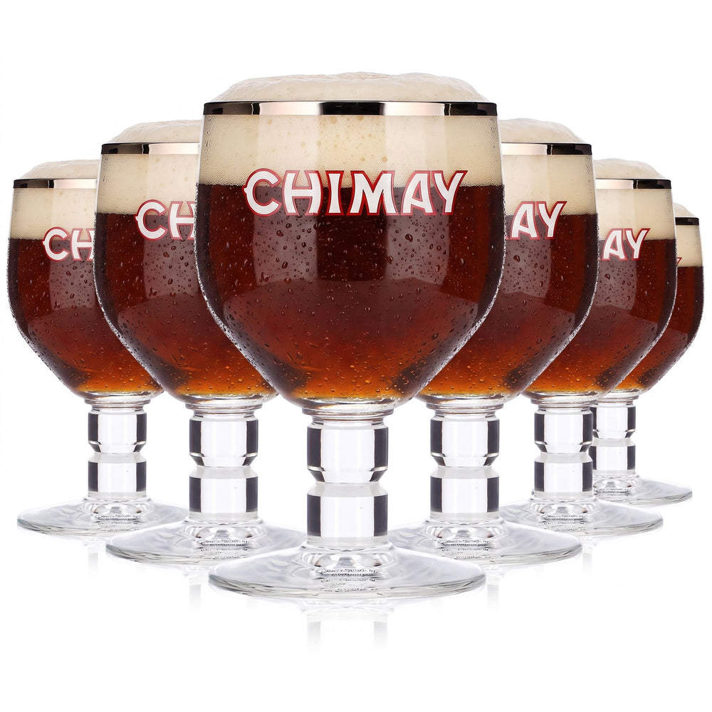 6 bicchieri da birra Chimay da 0,18 l, a forma di coppa con bordo argentato, Belgio
