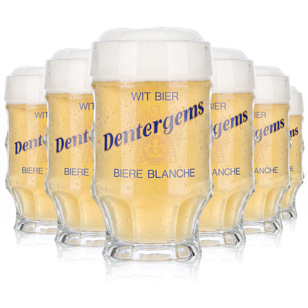 6 bicchieri da birra Dentergems da 0,25 l, forma a boccale, con scritta blu e dettagli gialli (set da 6)