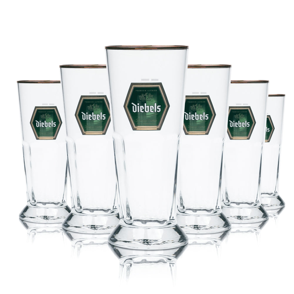 6 bicchieri da birra Diebels 0,25 l, forma a tulipano con bordo in rilievo color rame, birrificio Cup Bar
