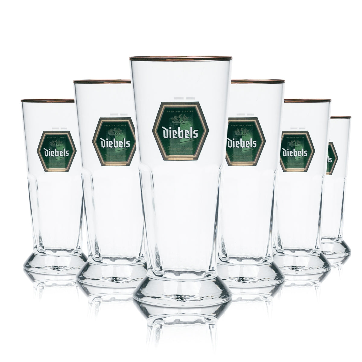 6 bicchieri da birra Diebels 0,25 l, forma a tulipano con bordo in rilievo color rame, birrificio Cup Bar