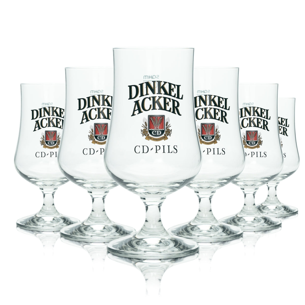 6 bicchieri da birra in vetro 0,3 l con manico in legno di frassino, forma a tulipano, con logo e iscrizione "Dinkel Acker Bier" (birra di farro)