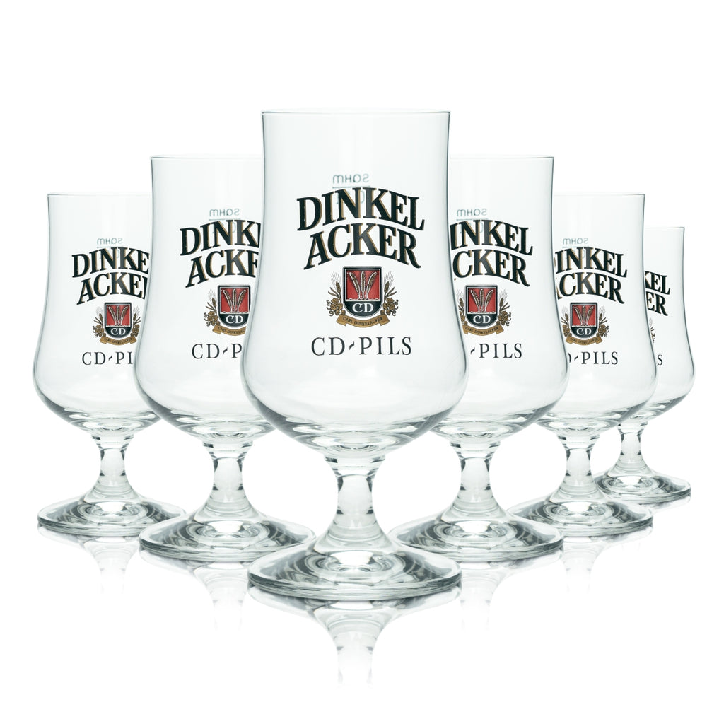 6 bicchieri da birra in vetro 0,3 l con manico in legno di frassino, forma a tulipano, con logo e iscrizione "Dinkel Acker Bier" (birra di farro)