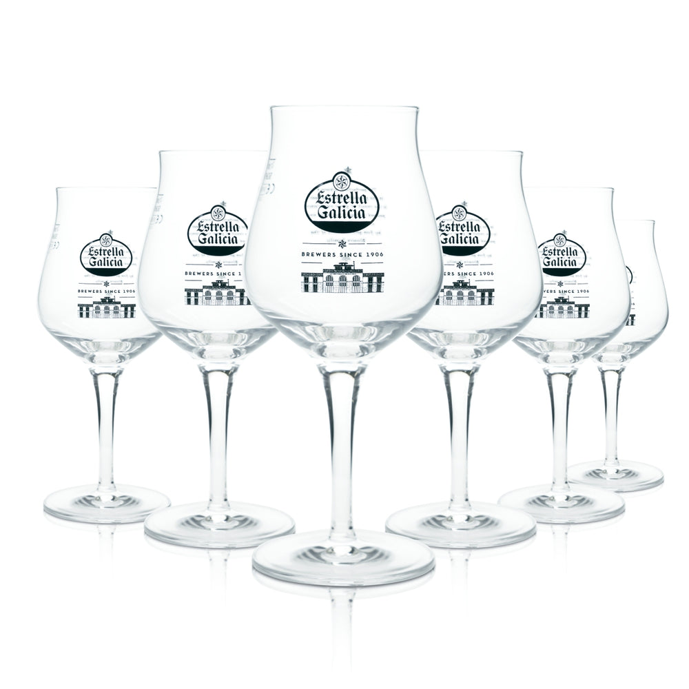 6 bicchieri da birra Estrella Galicia 2/3 pinta, forma tulipano, bicchieri da degustazione, birra chiara, Spagna, bar