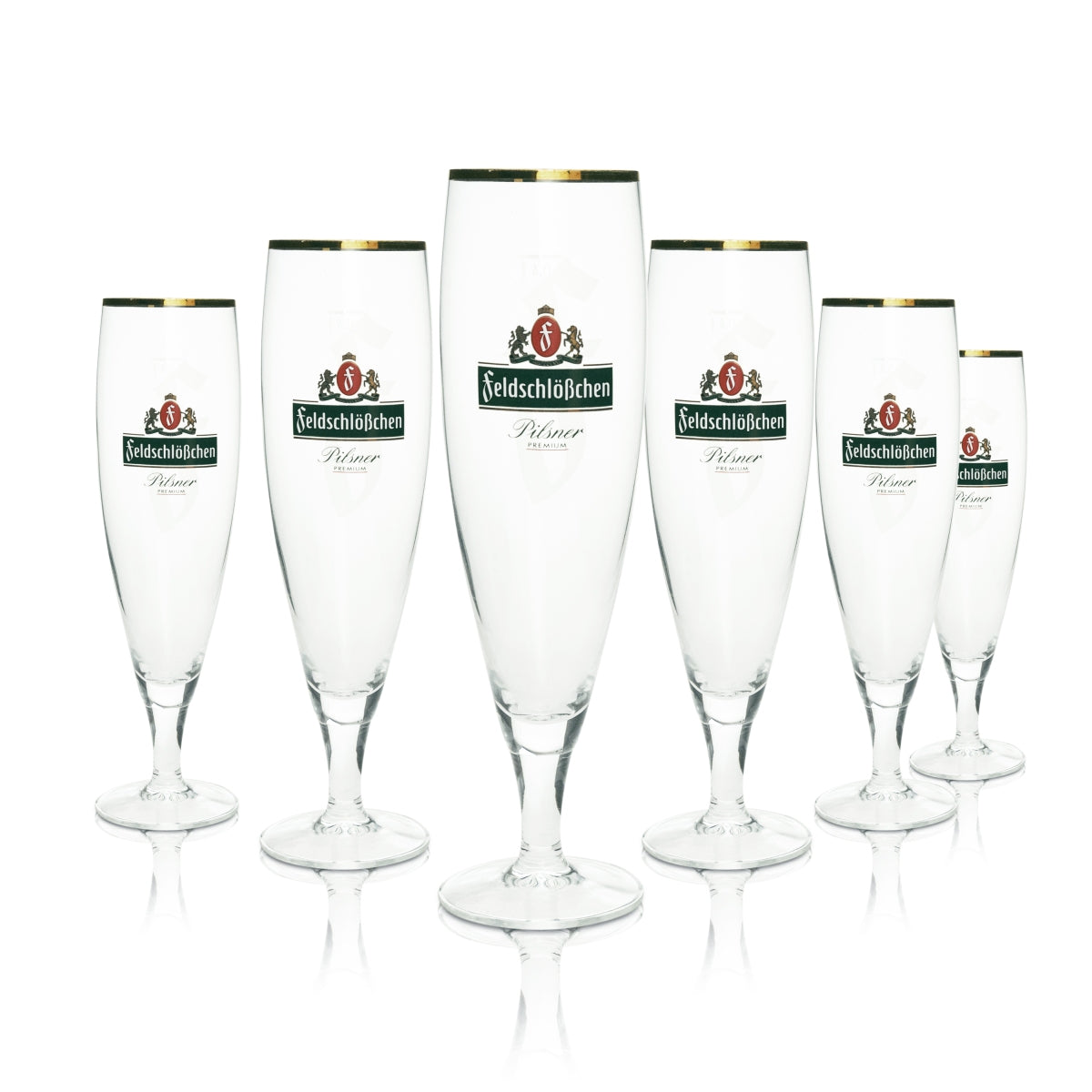 6 bicchieri da birra Feldschlößchen con bordo dorato e logo verde Ritzenhoff