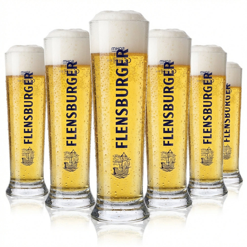 6 bicchieri da birra Flensburger da 0,2 l con scritta blu Sahm Vancouver