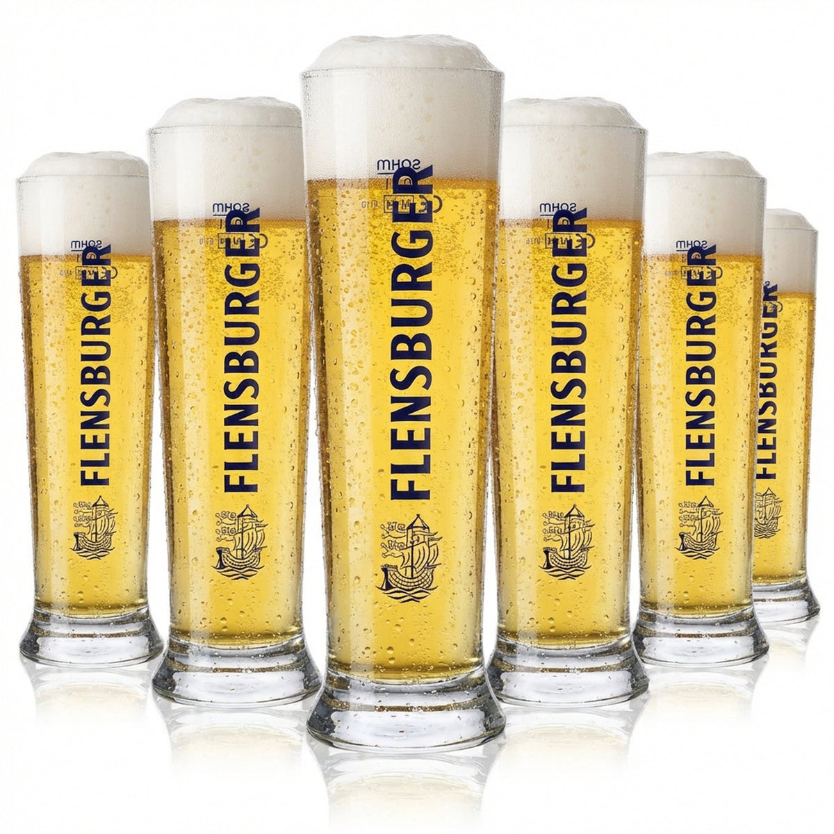 6 bicchieri da birra Flensburger da 0,2 l con scritta blu Sahm Vancouver