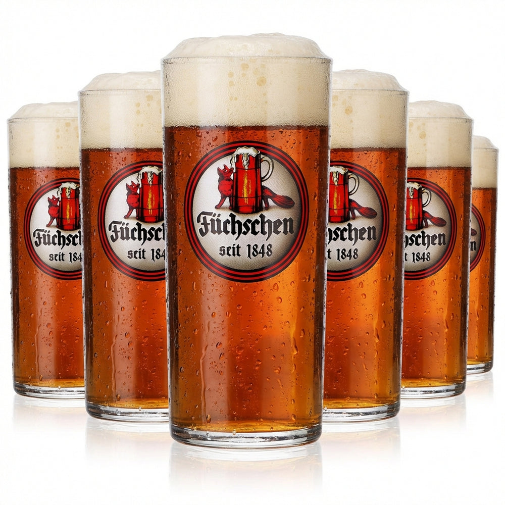 6 bicchieri da birra Füchschen Alt Bier Glas Gläser Altbierglas Stange 0,25 l Becher Seit 1848