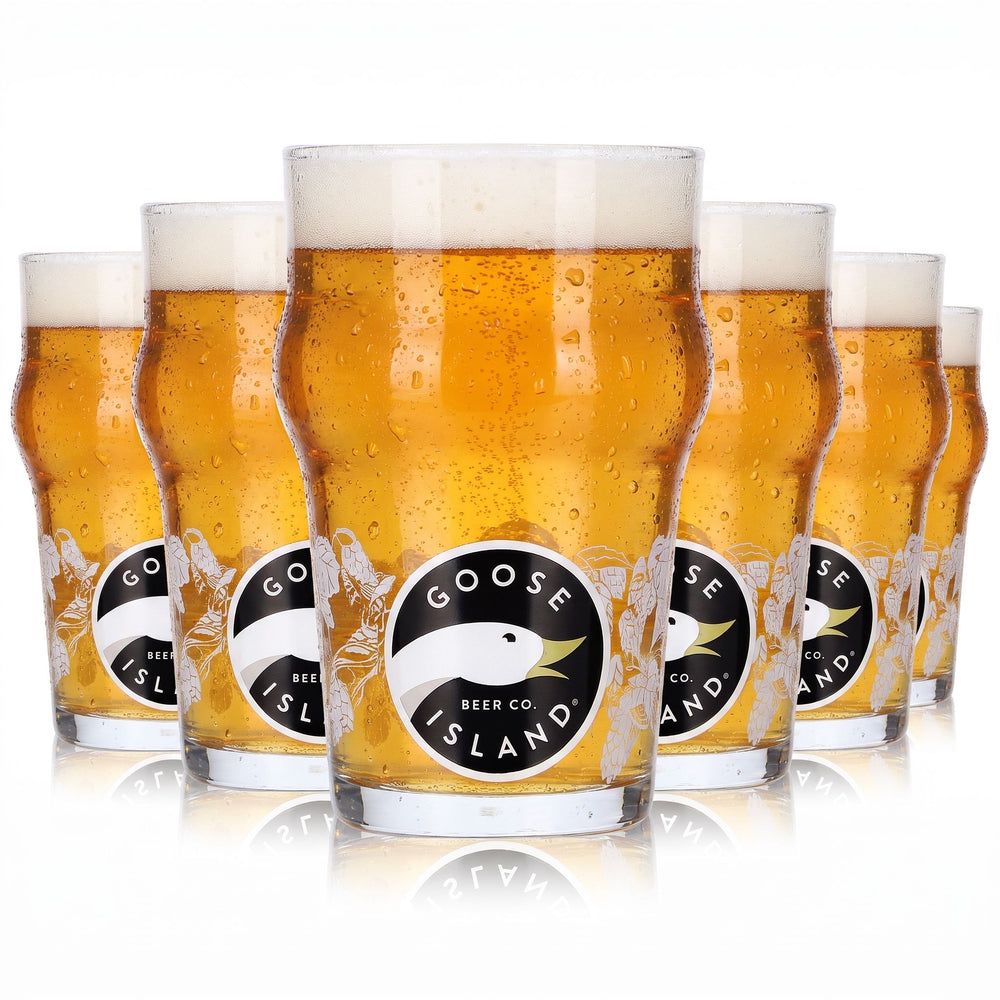 6 bicchieri da birra Goose Island da 0,25 l, modello long drink, con logo dell'oca e motivo a noci, bianco e crema