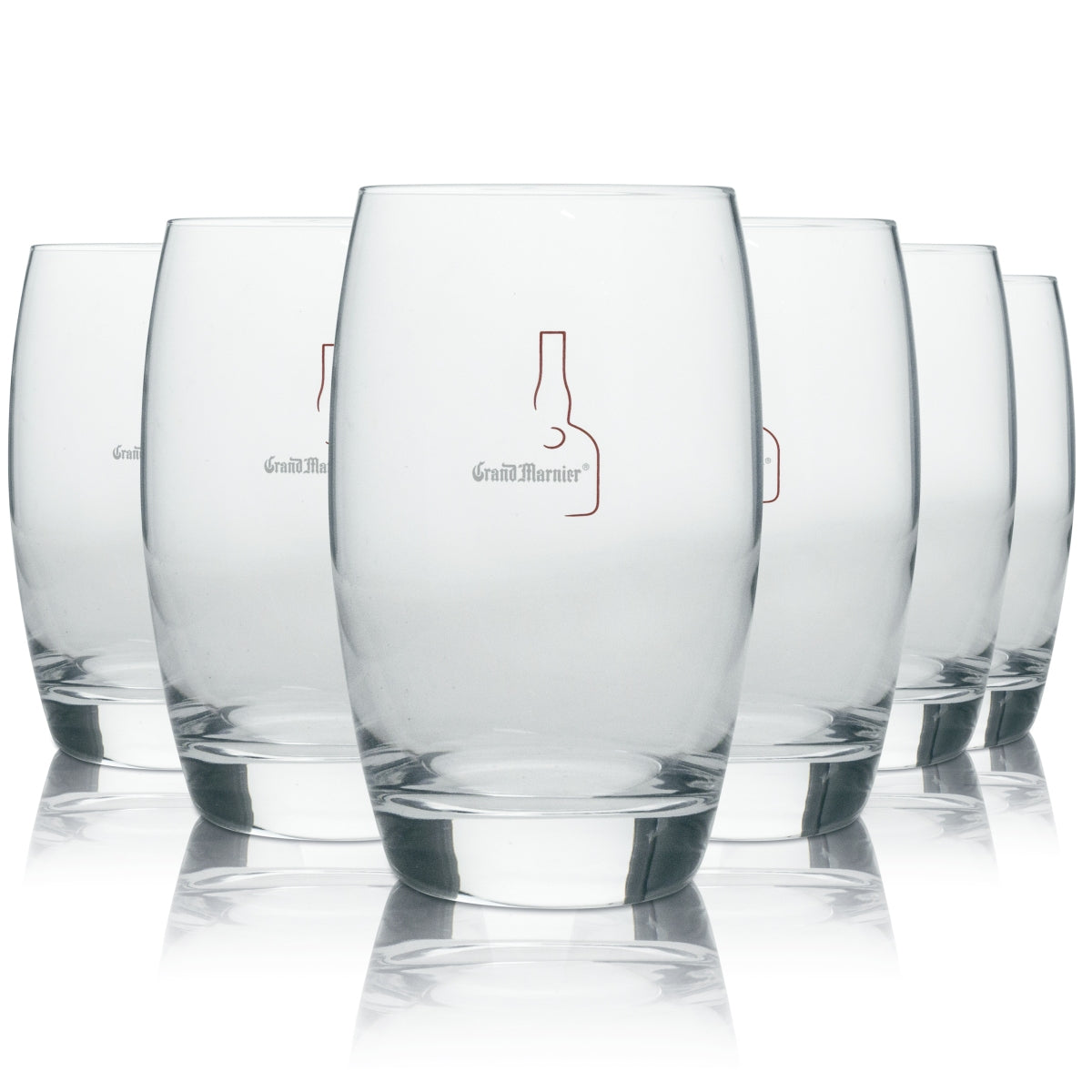 6 bicchieri tumbler per liquore Grand Marnier con scritta bianca e bottiglia rossa