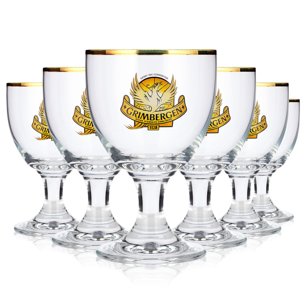 6 bicchieri da birra Grimbergen da 25 cl, a calice, con logo giallo, modello "Tulipano" di Ritzenhoff