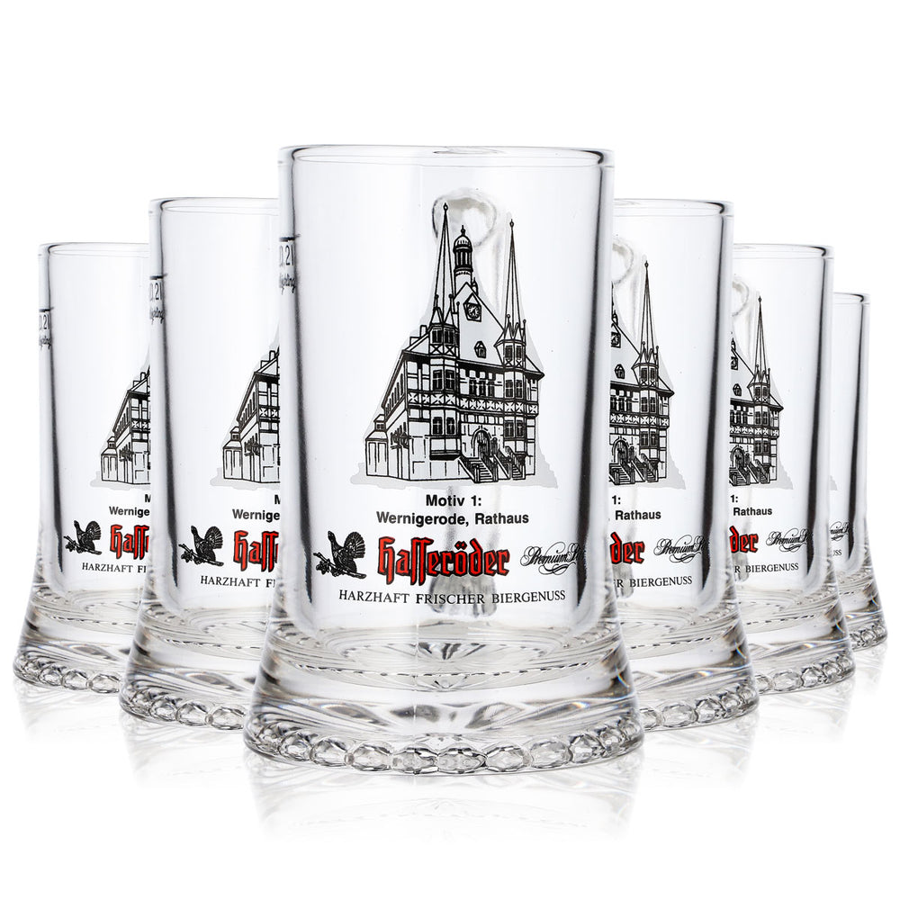 6 bicchieri da birra Hasseröder, boccale da 0,2 l, motivo 1: Municipio di Wernigerode (set da 6)