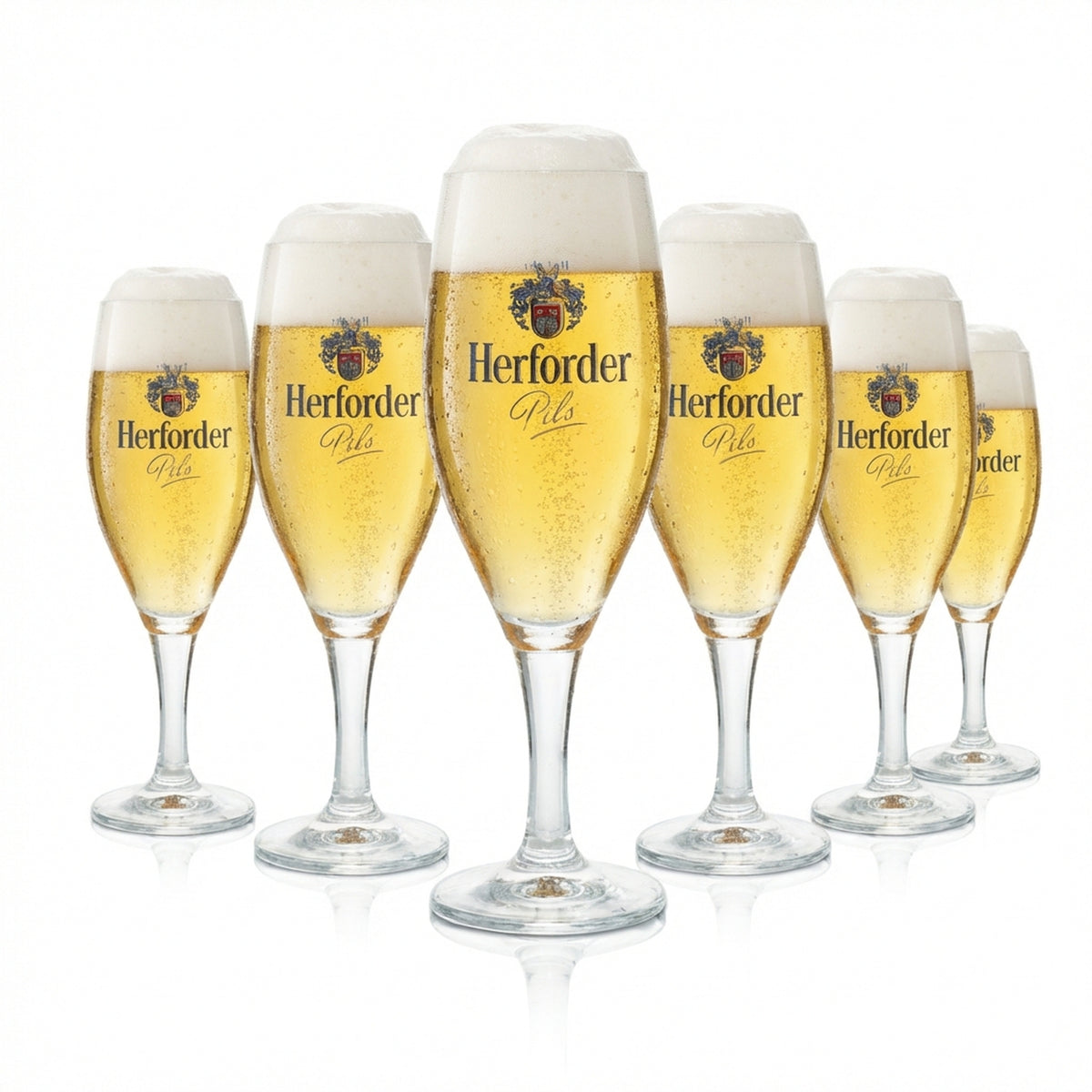 6 bicchieri da birra Herforder Pils da 0,25 l, forma a tulipano, con manico e stella Pegasus, birrificio Rastal