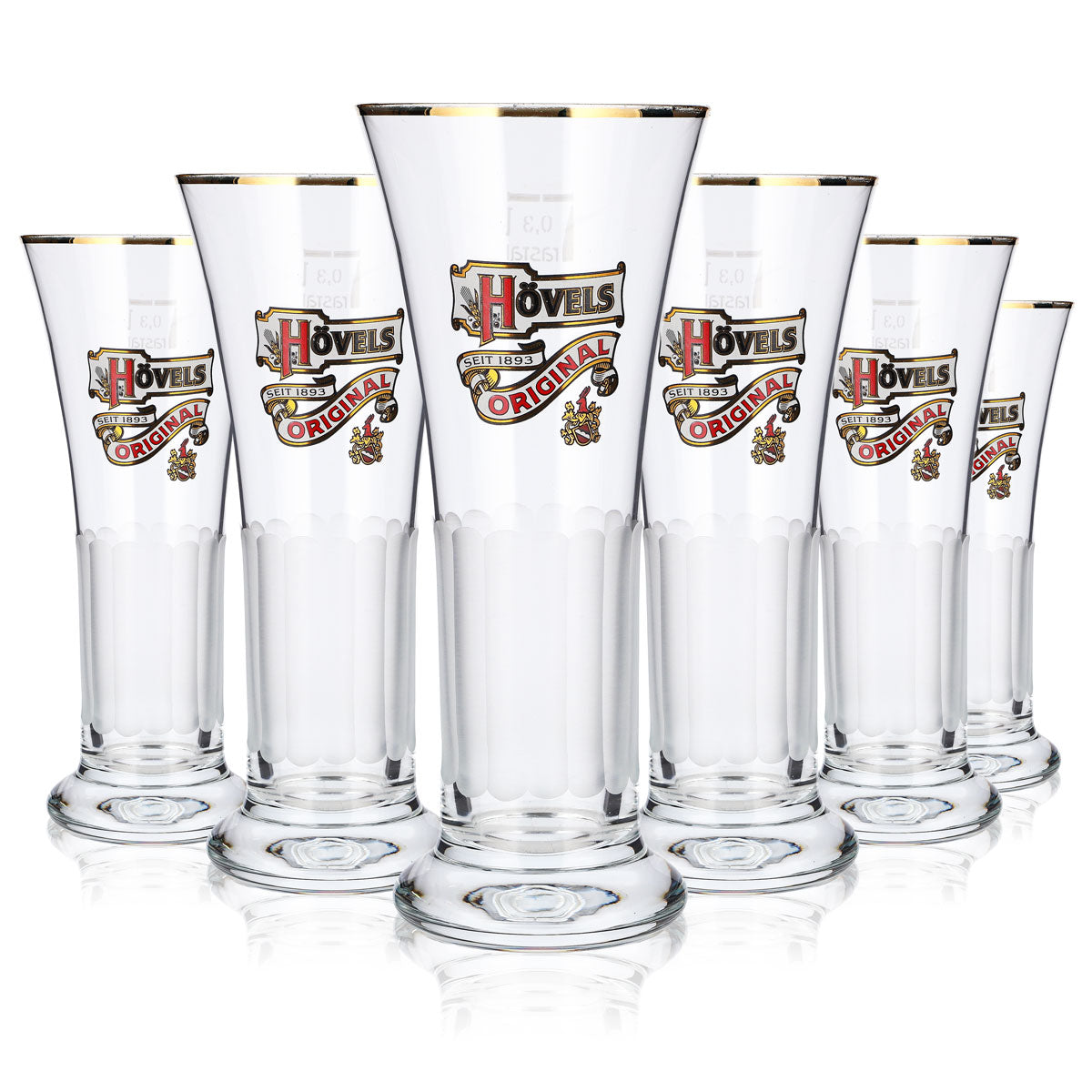 6 bicchieri da birra Hövels da 0,3 l, a forma di coppa, con bordo dorato, in rilievo e effetto smerigliato