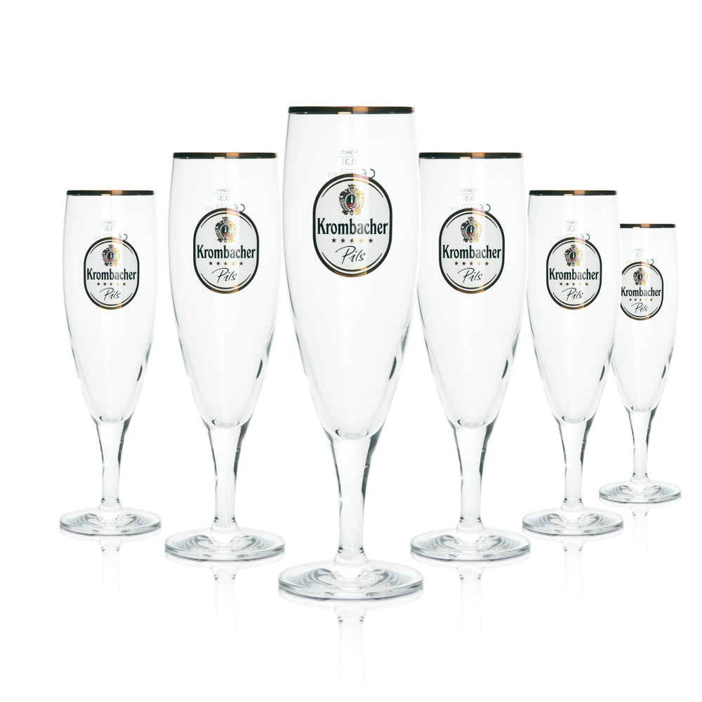 6 bicchieri Krombacher 0,3 l a forma di coppa tulipano per birra Pils con bordo dorato, per uso gastronomico, birrificio