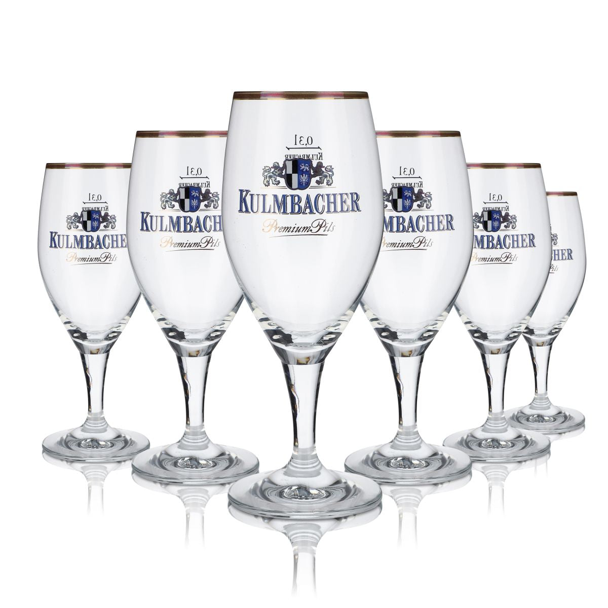 6 bicchieri Kulmbacher Reichelbräu da 0,3 l, forma a coppa, bordo dorato, scritta blu