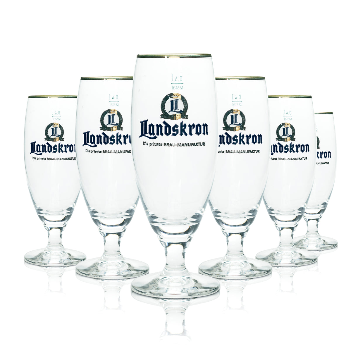 6 bicchieri da birra Landskron 0,4 l con bordo dorato, forma tulipano e stelo Rastal, birrificio – Vista 4