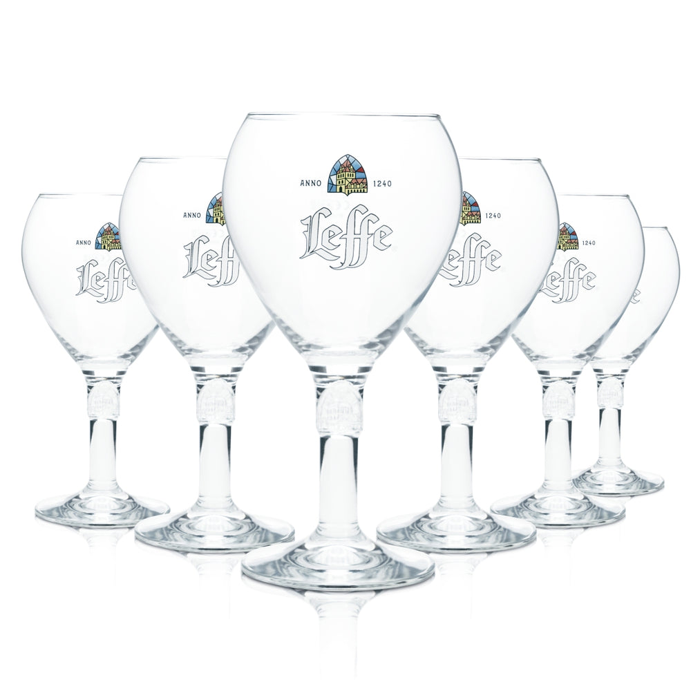 6 bicchieri Leffe 0,5 l a forma di calice con design a tulipano e stelo, Belgio, bar gastronomico