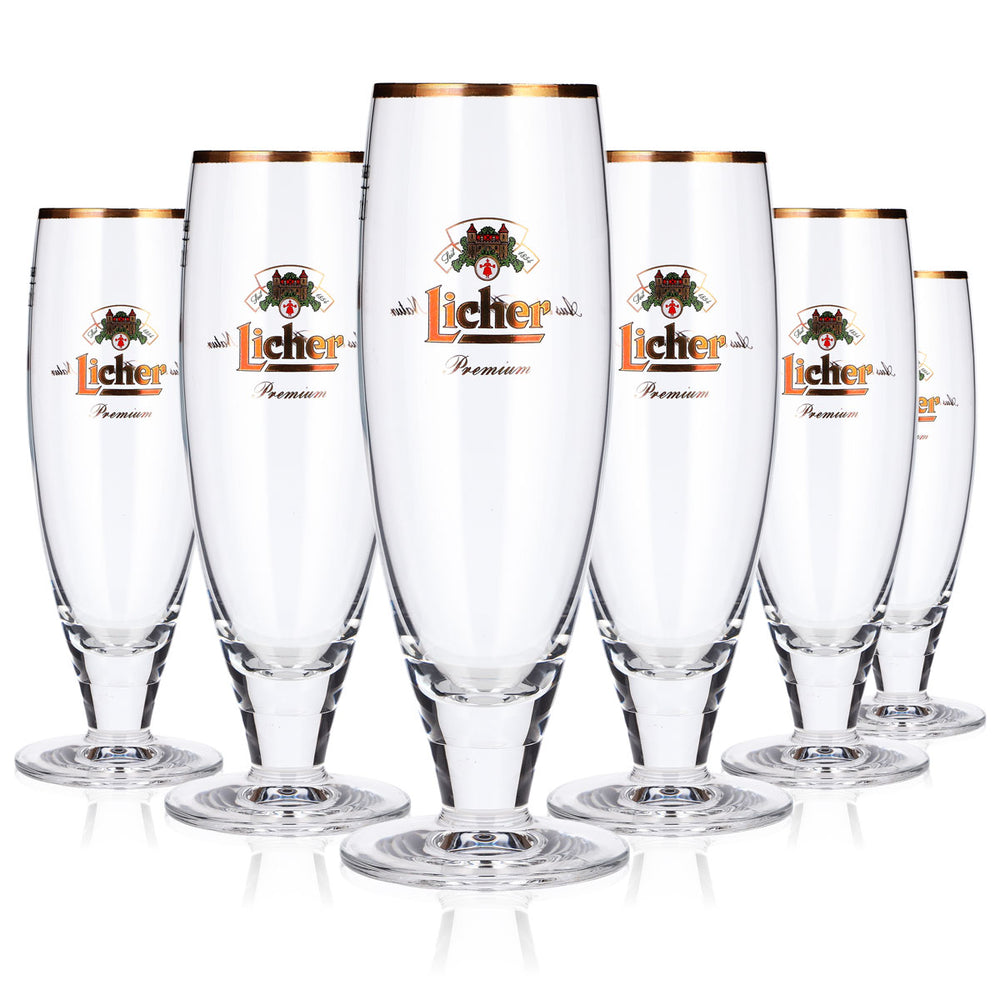 6 bicchieri da birra Licher da 0,2 l, modello "Pokal", versione Premium con bordo dorato, motivo Rastal