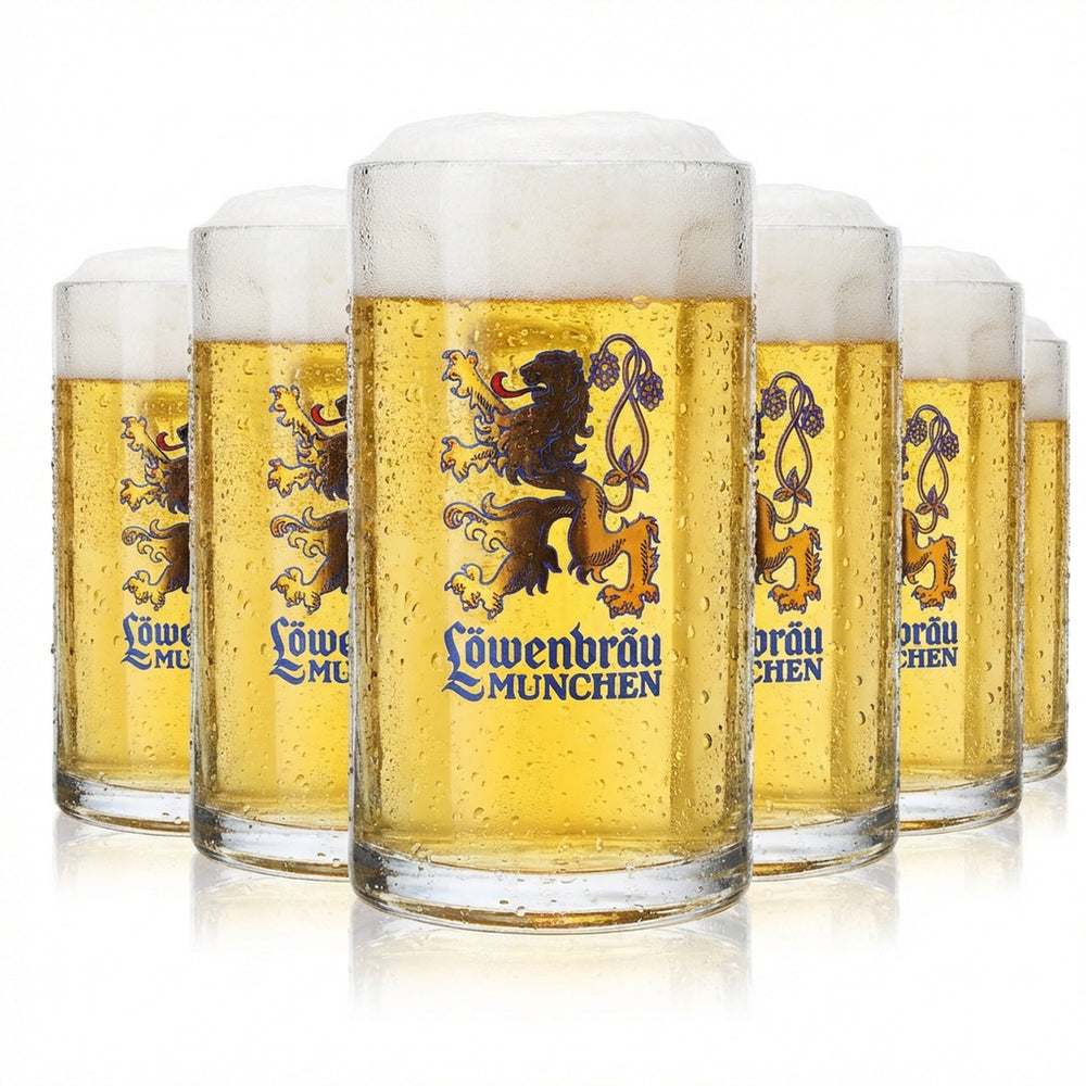 6 bicchieri da birra Löwenbräu 0,5 l con grande logo Sahm Moldau e leone dorato