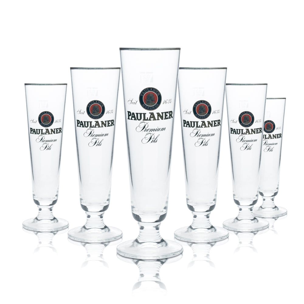 6 bicchieri da birra Paulaner 0,2 l, forma a tulipano con bordo dorato, birra chiara, bar, birrificio