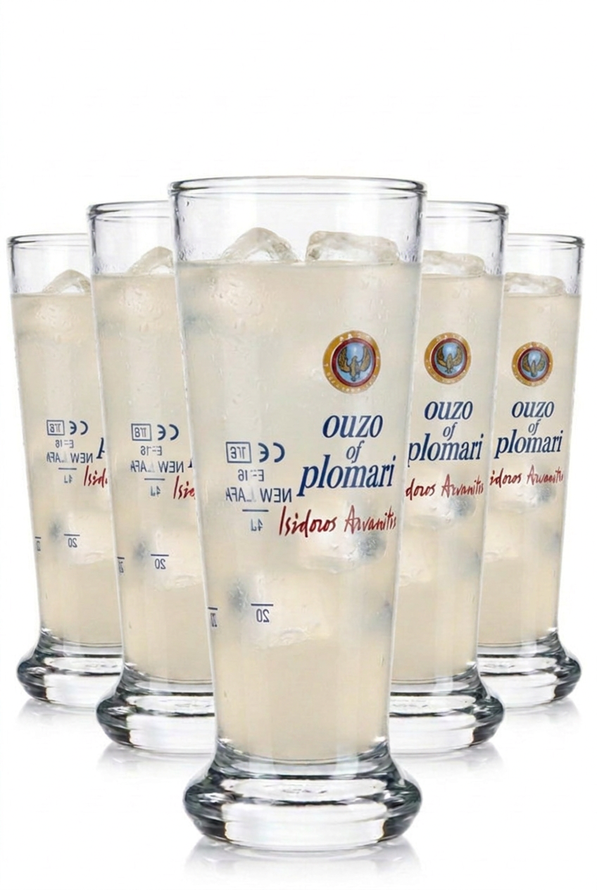 Set di 6 bicchierini da ouzo Plomari con graduazione da 2+4 cl, per la ristorazione e la mescita professionale