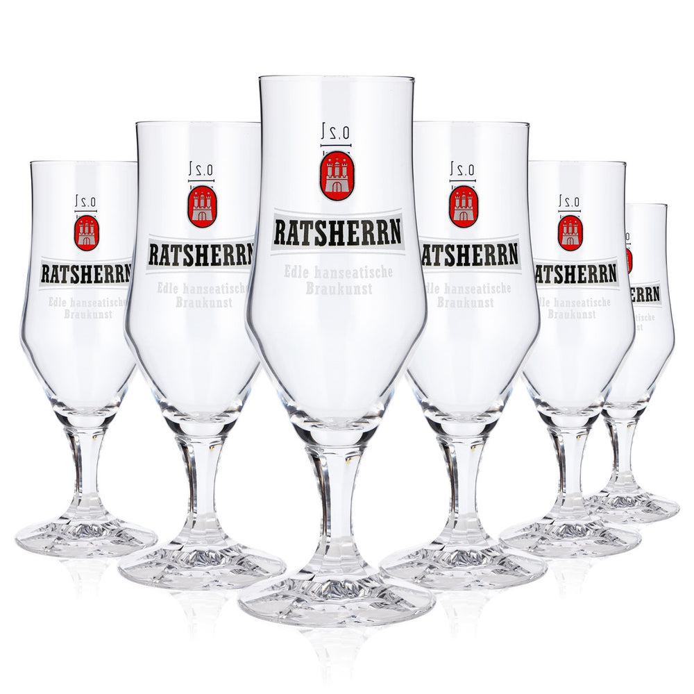 6 bicchieri da birra "Ratsherrn" da 0,2 l, a calice, con stelo squadrato e logo Rastal bianco (set da 6)