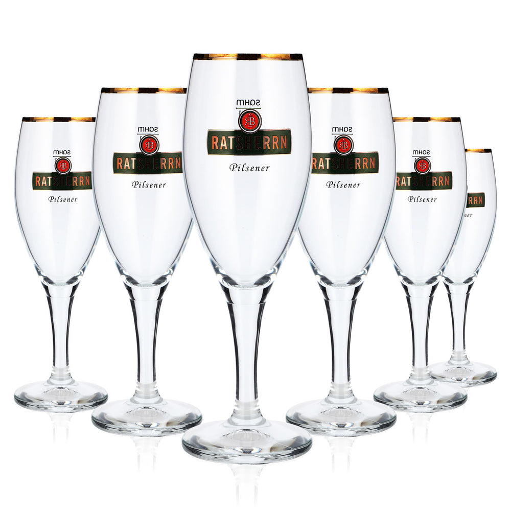 6 bicchieri da birra "Ratsherrn" da 0,2 l, a calice, per Pilsener, con logo verde e bordo dorato (set da 6)