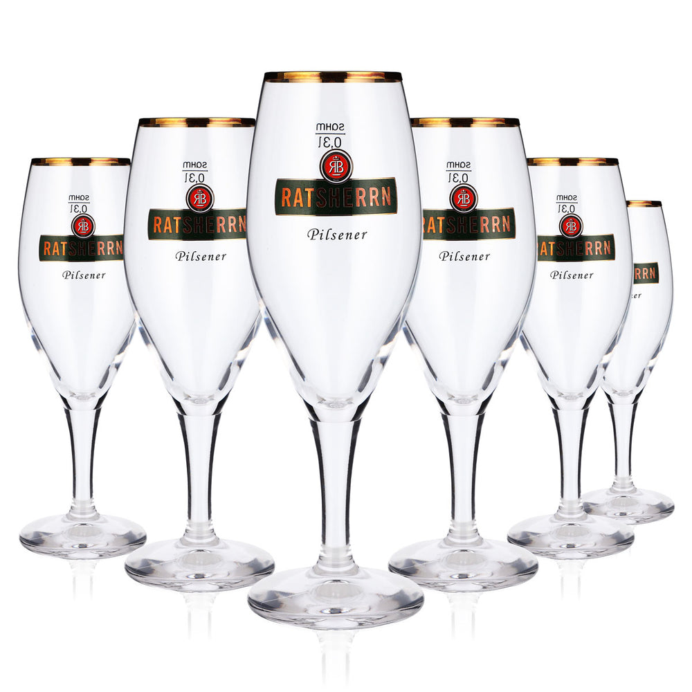 6 bicchieri da birra "Ratsherrn" da 0,3 l, a calice, con logo verde e bordo dorato "Pilsener" (set da 6)