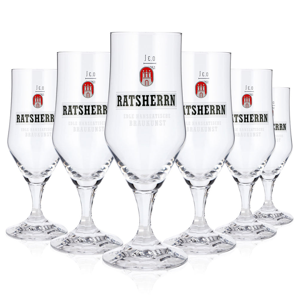 6 bicchieri da birra "Ratsherrn" da 0,3 l, a calice, con logo bianco, Rastal (set da 6)