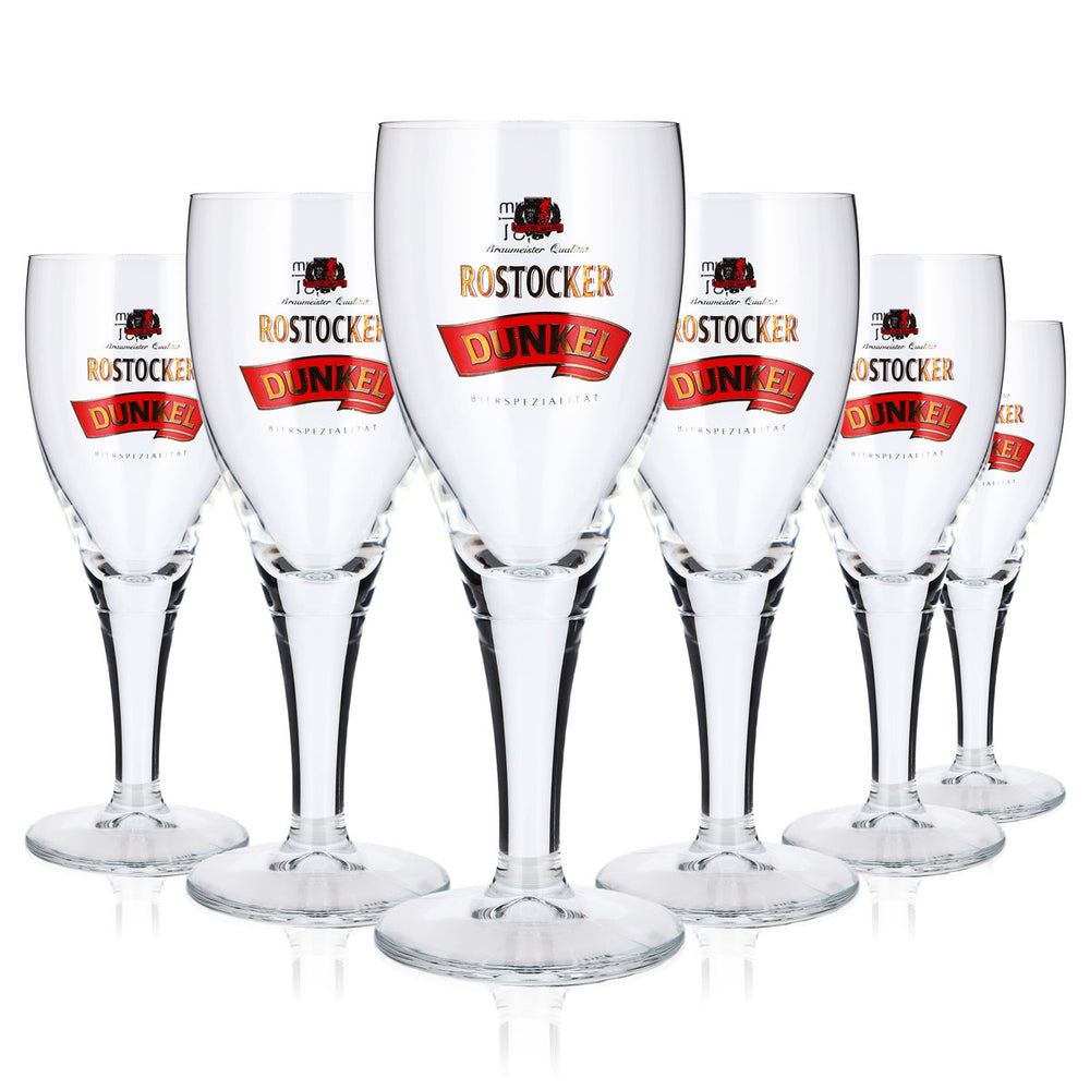 6 bicchieri da birra Rostocker da 0,3 l, a forma di coppa, colore scuro, con logo rosso Sahm