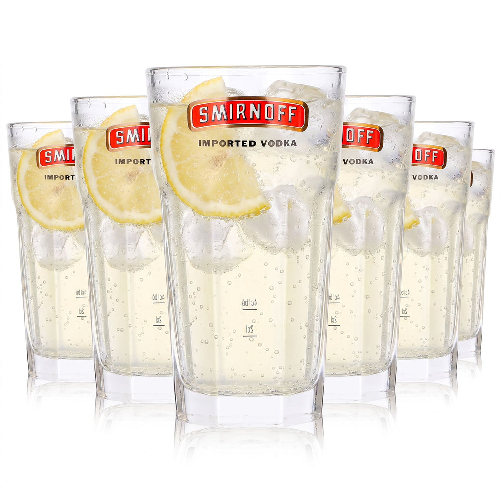 6 bicchieri da 2 cl di vodka Smirnoff + 4 cl per long drink, vodka importata con logo rosso