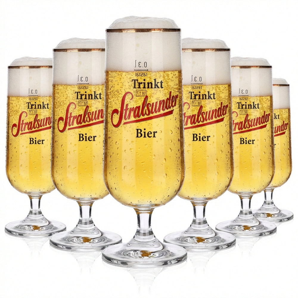 6 bicchieri da birra Stralsunder Glas 0,3 l con bordo dorato, set Pilstulpe Hanse Brauerei