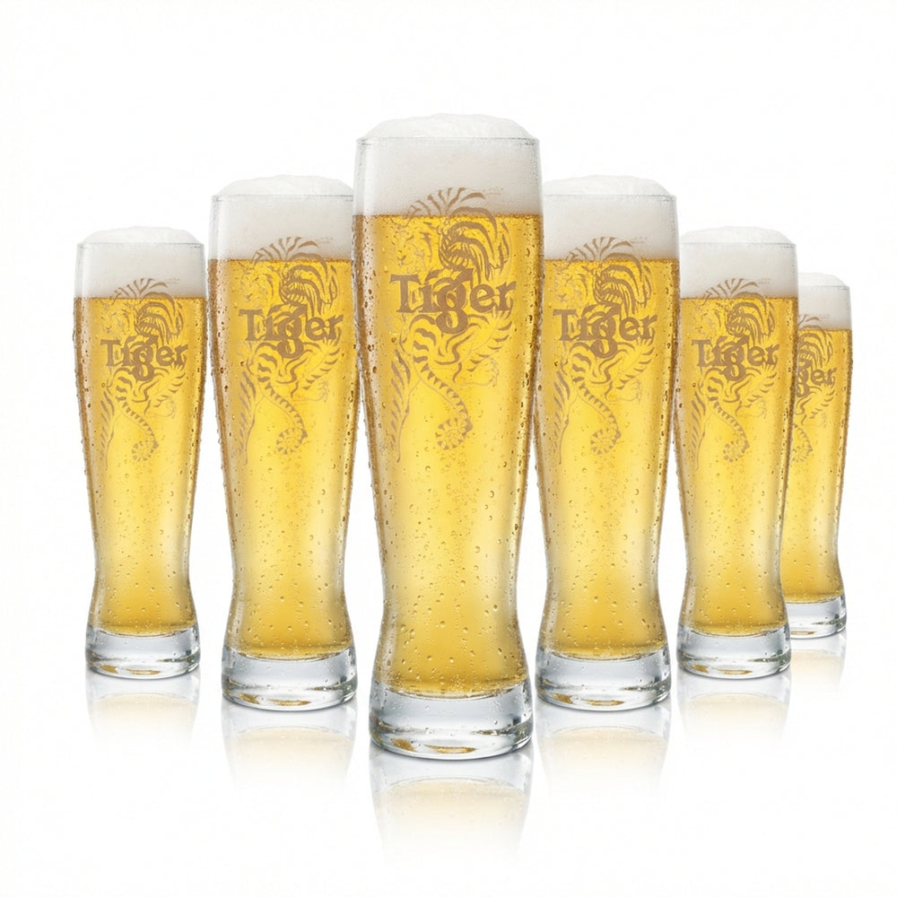 6 bicchieri da birra Tiger in vetro da 0,3 l, forma a tulipano, calibrati, per uso gastronomico, Singapore Asia